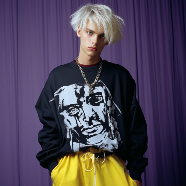 A young person with short, spiky blonde hair stands against a purple curtain backdrop, wearing a black sweatshirt with a large white-and-black graphic of a face, paired with bright yellow pants and a thick gold chain necklace.
