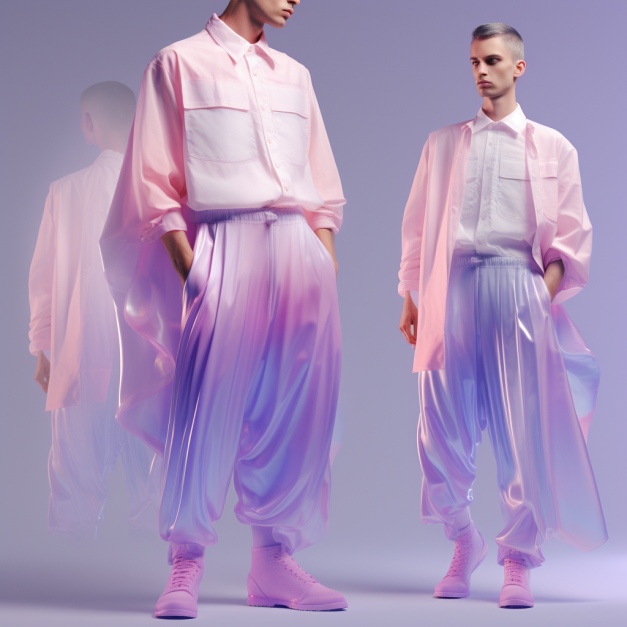 Two models in futuristic, iridescent pink and purple outfits stand against a soft gradient background, with one wearing a flowing translucent pink jacket over a white shirt and loose pants, while the other wears a similar ensemble with a more structured shirt and wide-legged pants.