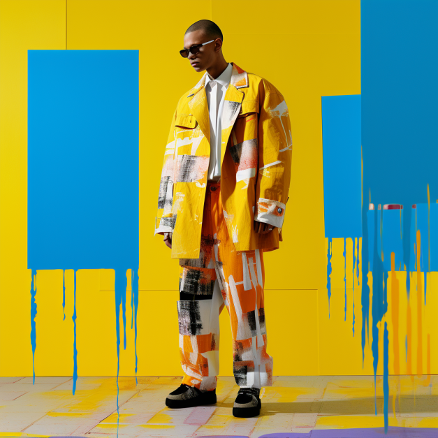 A man stands in front of a vibrant yellow and blue background, wearing a bold yellow and orange abstract-patterned jacket, matching pants, a white shirt, and black shoes, with sunglasses on.