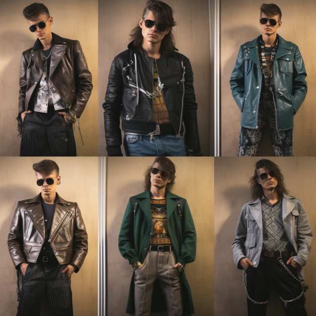 Six men pose in stylish leather and fashion jackets, each with unique styles and accessories, against a neutral background.