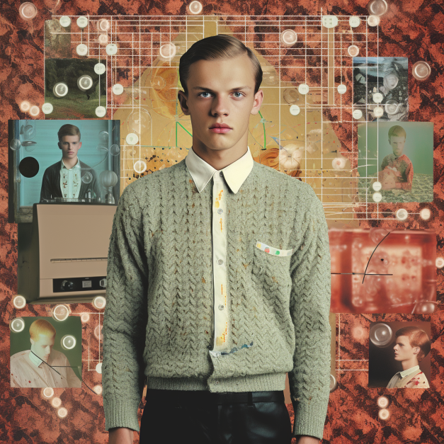 A young man in a textured green sweater and white collared shirt stands at the center of a collage, surrounded by fragmented images, circular patterns, and a reddish-brown textured background.