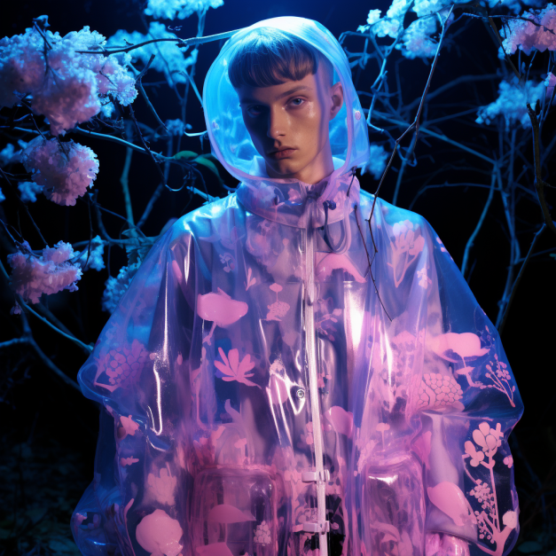 A person wearing a translucent, glowing pink and blue raincoat with floral patterns stands in a dark, surreal environment surrounded by glowing pink blossoms and bare branches.