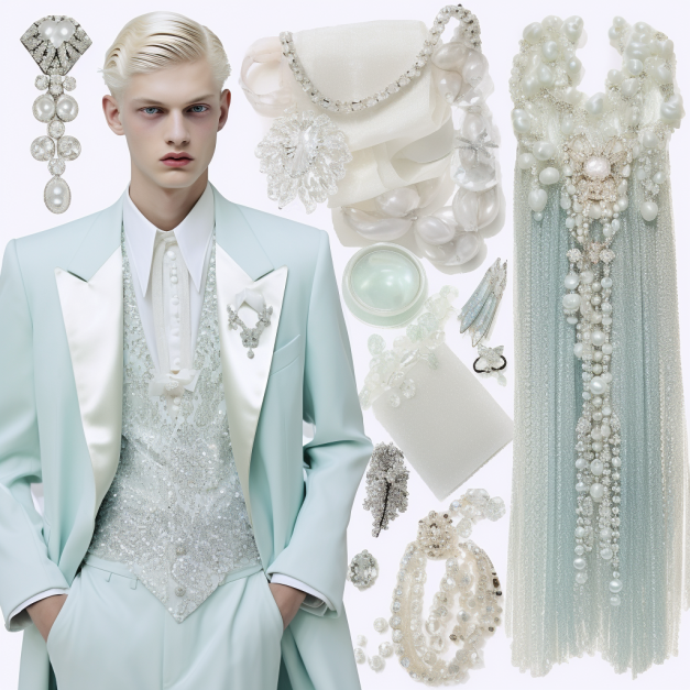 A model in a light blue tuxedo with a silver-embellished vest stands beside an array of luxurious white and silver jewelry, including pearls, diamonds, and ornate accessories, all in a cohesive high-fashion display.