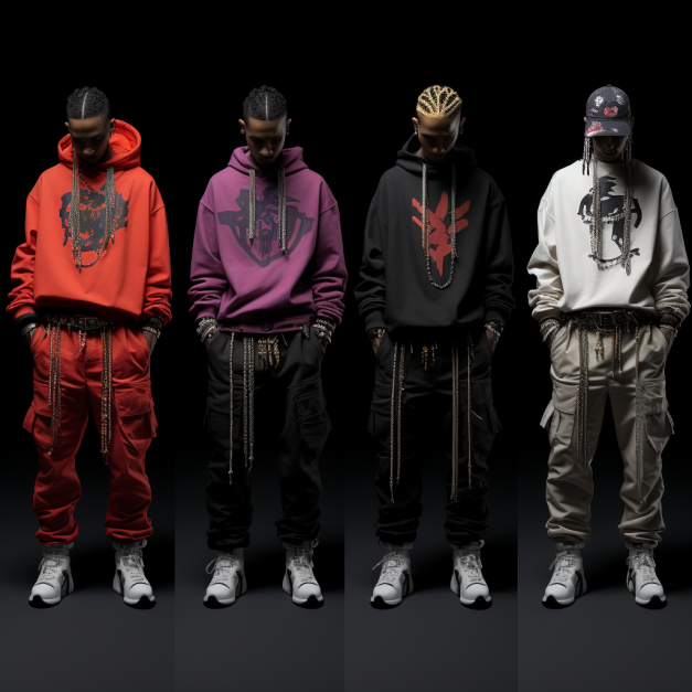 Four men stand in a row against a black background, each wearing a different colored hoodie with a graphic design, cargo pants, and white sneakers, accessorized with chains and braided hair.