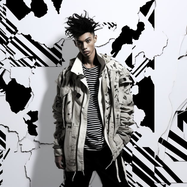 A young man with spiky dark hair stands confidently in front of a stark black-and-white abstract background, wearing a distressed light-colored jacket over a black-and-white striped shirt, with dark pants.