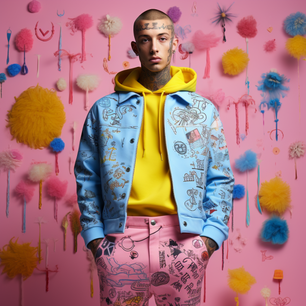 A young man with tattoos stands against a vibrant pink background adorned with colorful pom-poms and feathers. He wears a light blue jacket covered in doodles, a bright yellow hoodie, and pink pants with graffiti-style designs.
