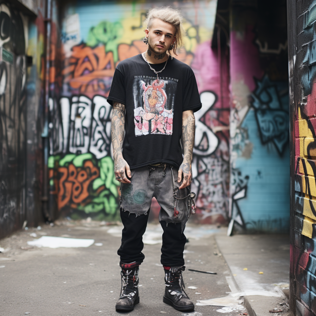 A young man with bleached hair and multiple tattoos stands in a graffiti-covered alleyway, wearing a black graphic tee, distressed jeans, and combat boots. He has ear piercings and a silver chain necklace, with a gritty, urban street style.