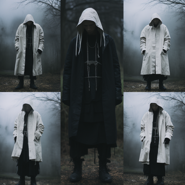 A person in a white hooded coat and dark clothing stands in a misty, wooded area, shown in five different poses with hands in pockets or hanging by their sides.