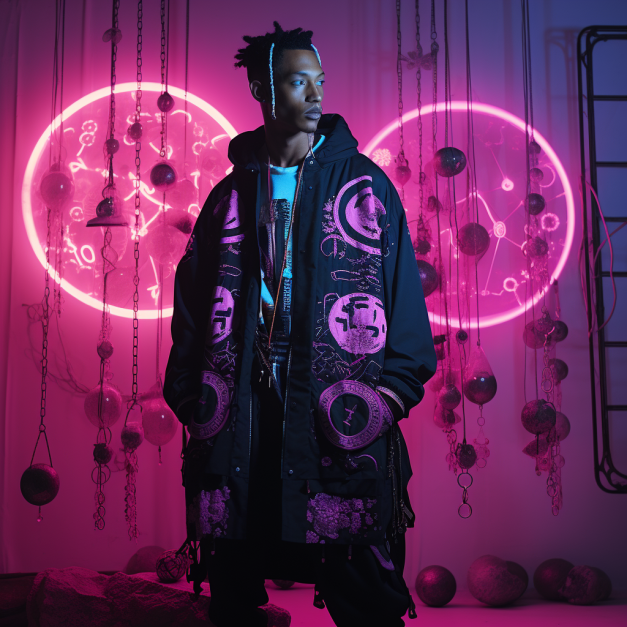 A young man with dreadlocks stands in a neon-lit, surreal room with pink glowing circles and hanging chains, wearing a black jacket adorned with purple cosmic and abstract designs.
