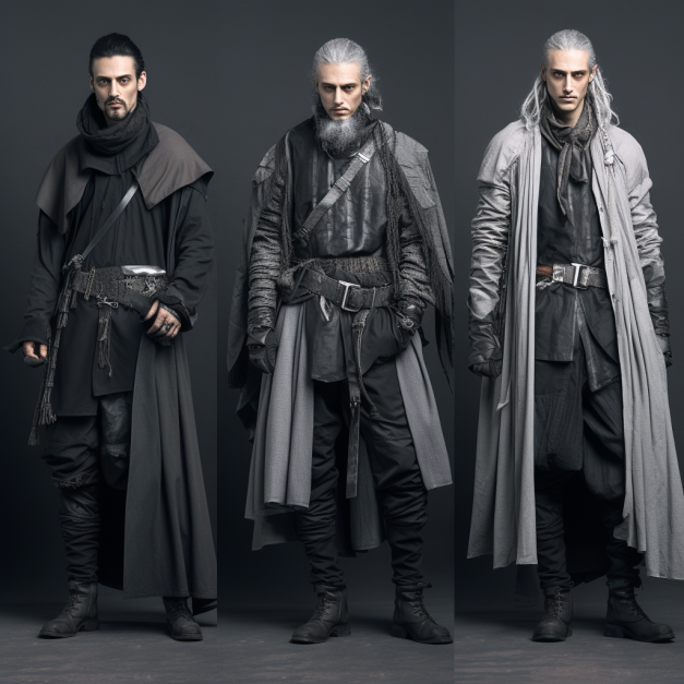 Three men in dark, medieval-style clothing stand against a gray backdrop, each with distinct long hair and rugged attire, including cloaks, belts, and boots.