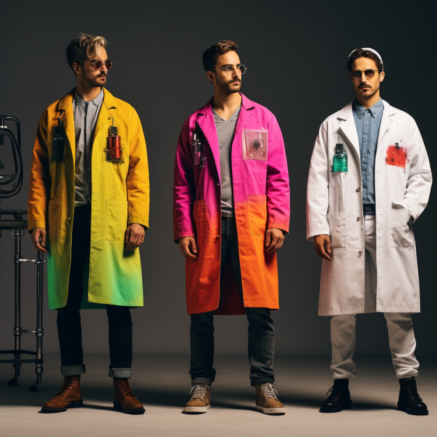 Three men in colorful lab coats stand side by side against a dark background, each wearing glasses and carrying lab equipment, with the central figure in a vibrant pink and orange coat and the rightmost in a white coat with stains.