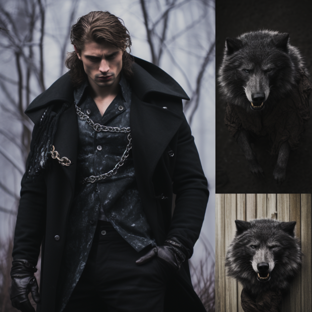 A man in a black coat with chains and gloves stands in a snowy, wooded area, while two images of a black wolf—one looking directly at the viewer and another mounted on a wooden wall—appear beside him.