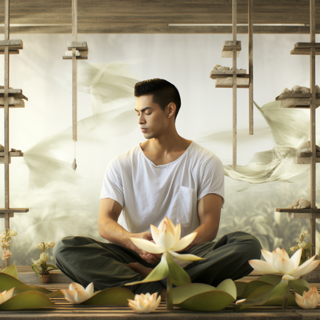 A man sits cross-legged in a meditative pose on a wooden platform, surrounded by white lotus flowers and green leaves, with hanging wooden shelves and a soft, ethereal background.
