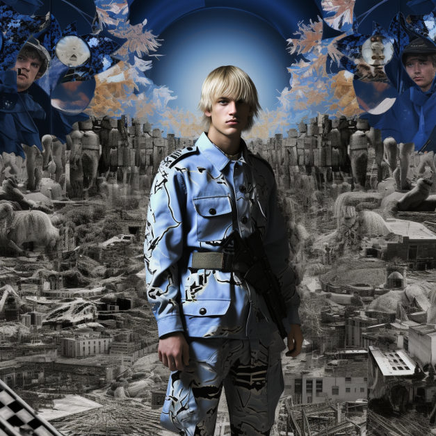 A young man in a blue camouflage uniform stands in the foreground, surrounded by a surreal, black-and-white collage of urban ruins and floating figures, with a dark blue sky and autumn leaves above.