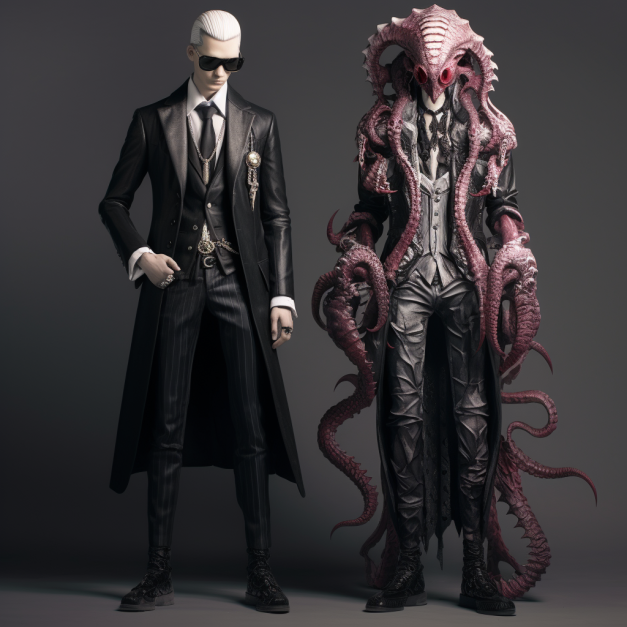 Two figures stand side by side against a dark gray background: a sharply dressed man in a black suit and sunglasses, and a monstrous creature with a grotesque, multi-limbed, red-tinted head and tentacles, wearing a similar dark suit.