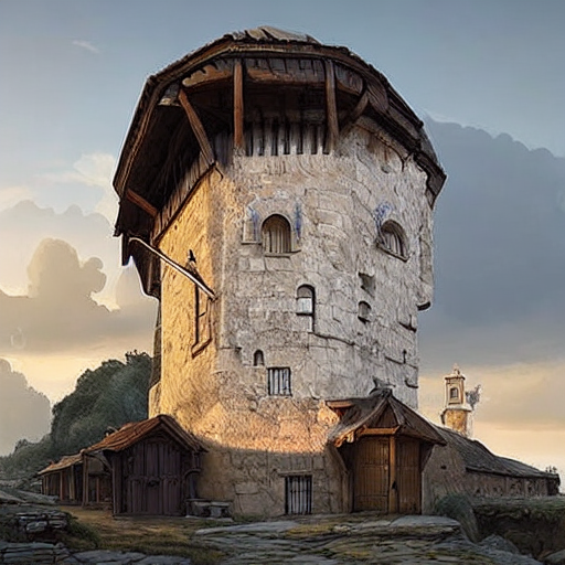 A weathered stone tower with a wooden roof and multiple windows stands prominently, surrounded by rustic wooden buildings and a cobblestone path, under a partly cloudy sky.