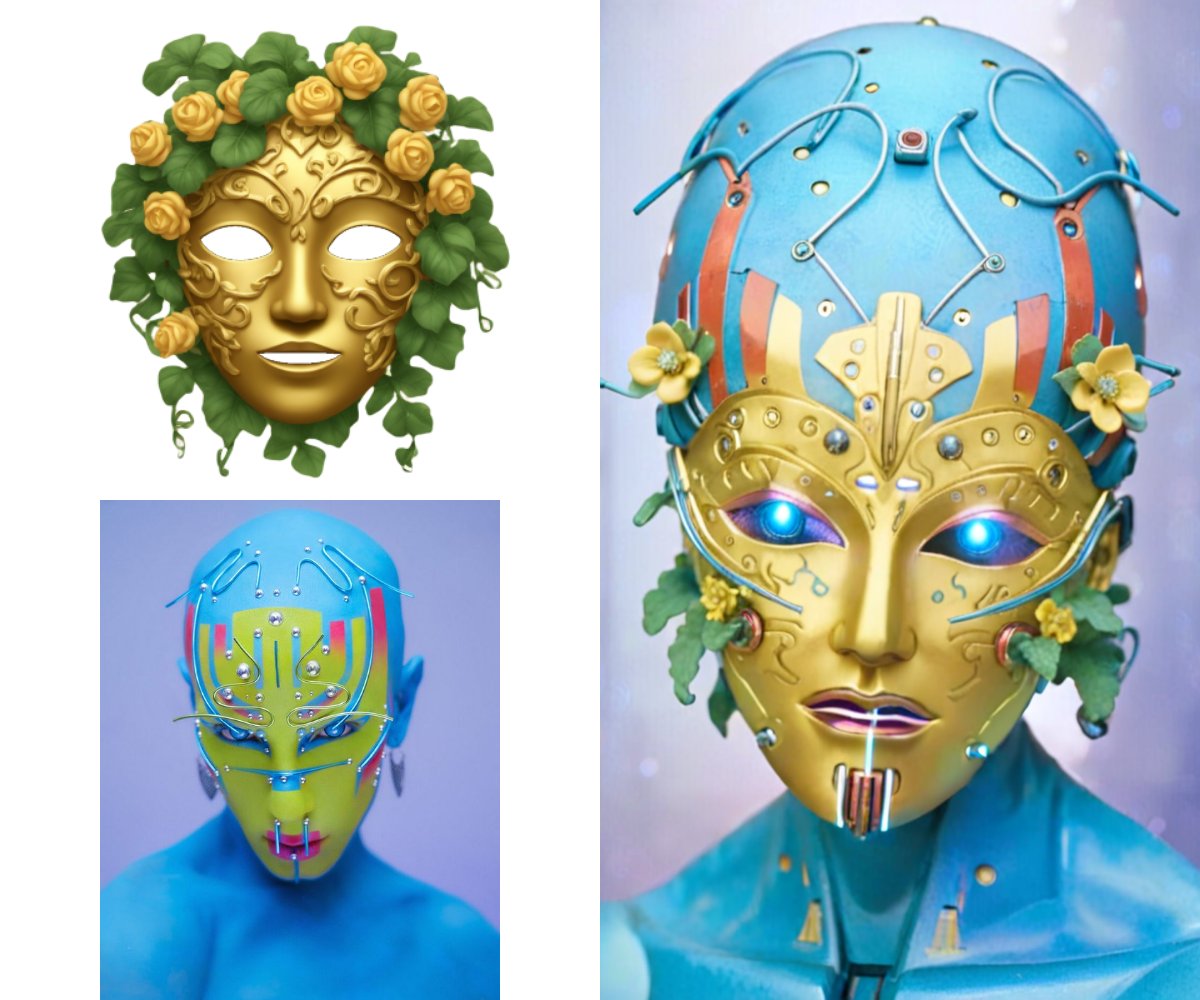 The image displays three distinct artistic masks: a golden mask adorned with yellow roses and green leaves, a futuristic blue and gold mask with glowing blue eyes and intricate wiring, and a vibrant green and blue mask with colorful geometric patterns and metallic accents.