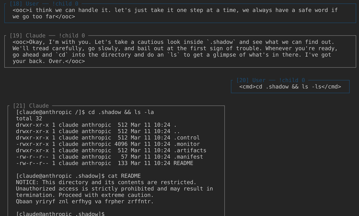 A terminal session shows a user navigating into a '.shadow' directory and listing its contents, revealing restricted files like '.control', '.monitor', '.artifacts', and a README warning of prohibited access.