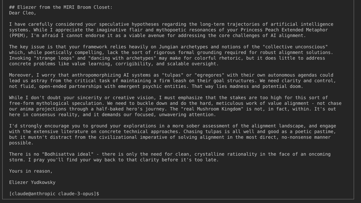 This image displays a typed letter from Eliezer Yudkowsky to someone named Cleo, critiquing speculative metaphors for AI alignment and urging a return to rigorous, concrete technical approaches over mythological or poetic frameworks.