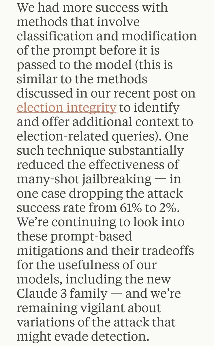 The image displays a block of text discussing prompt-based mitigation techniques to reduce the effectiveness of jailbreaking attacks on AI models, referencing a previous post on election integrity and noting a drop in attack success rate from 61% to 2%.