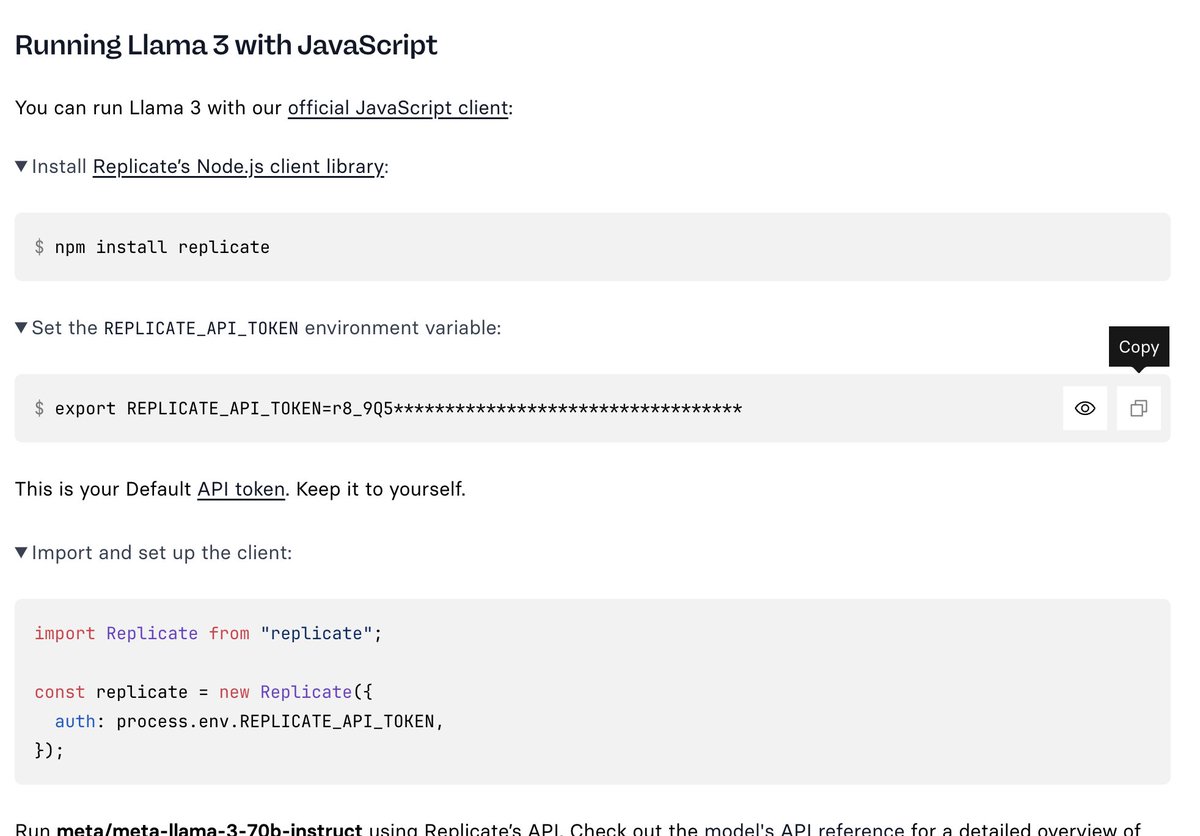 This image shows instructions for running Llama 3 with JavaScript using Replicate's Node.js client library, including installing the package, setting an API token environment variable, and importing the client in JavaScript code.