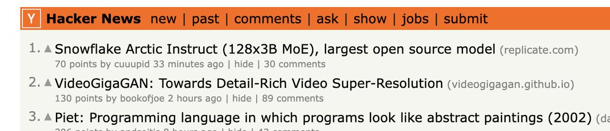 This image shows the top three stories on Hacker News, including an article about Snowflake Arctic Instruct, a large open-source model, followed by VideoGigaGAN for video super-resolution, and a post about the Piet programming language.
