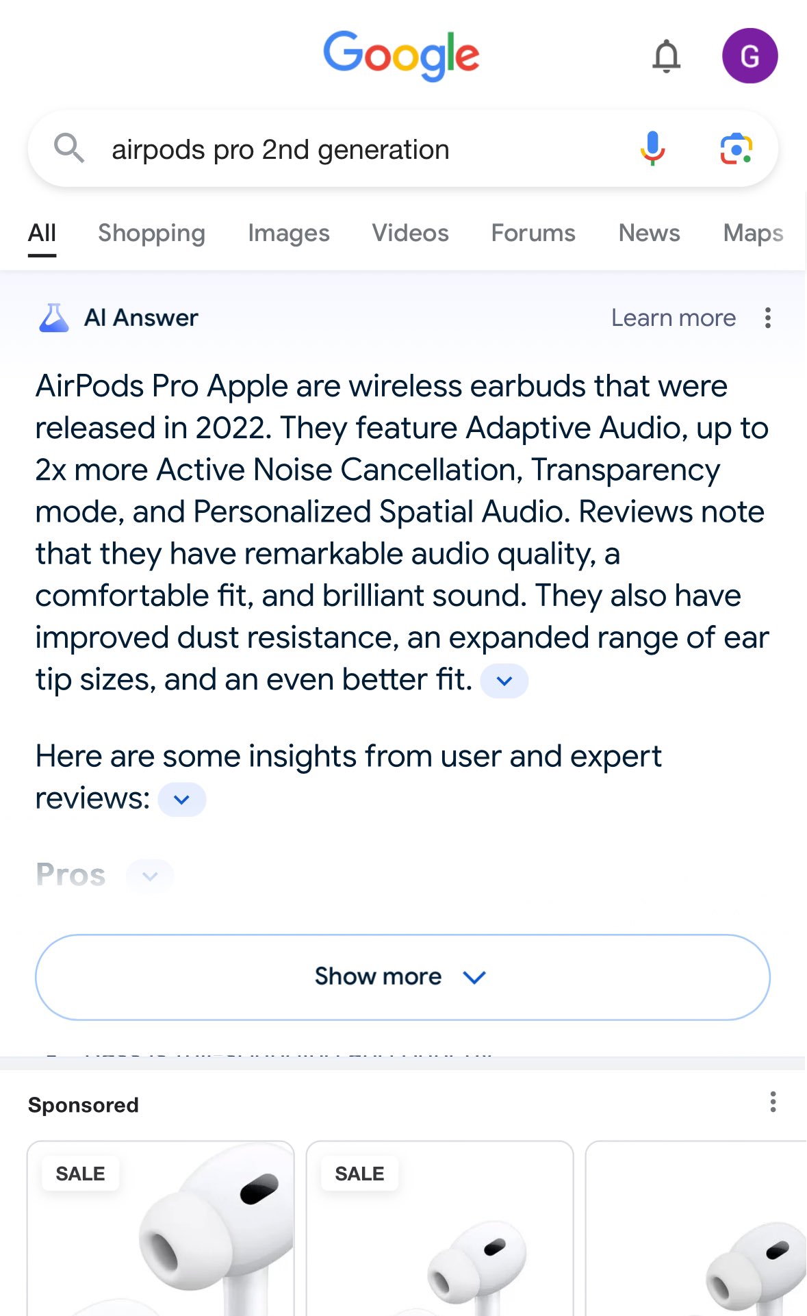 Google search results page for "airpods pro 2nd generation" showing an AI Answer describing the AirPods Pro as wireless earbuds released in 2022, with features like Adaptive Audio, Active Noise Cancellation, and improved fit, followed by a sponsored section with product images and "SALE" tags.