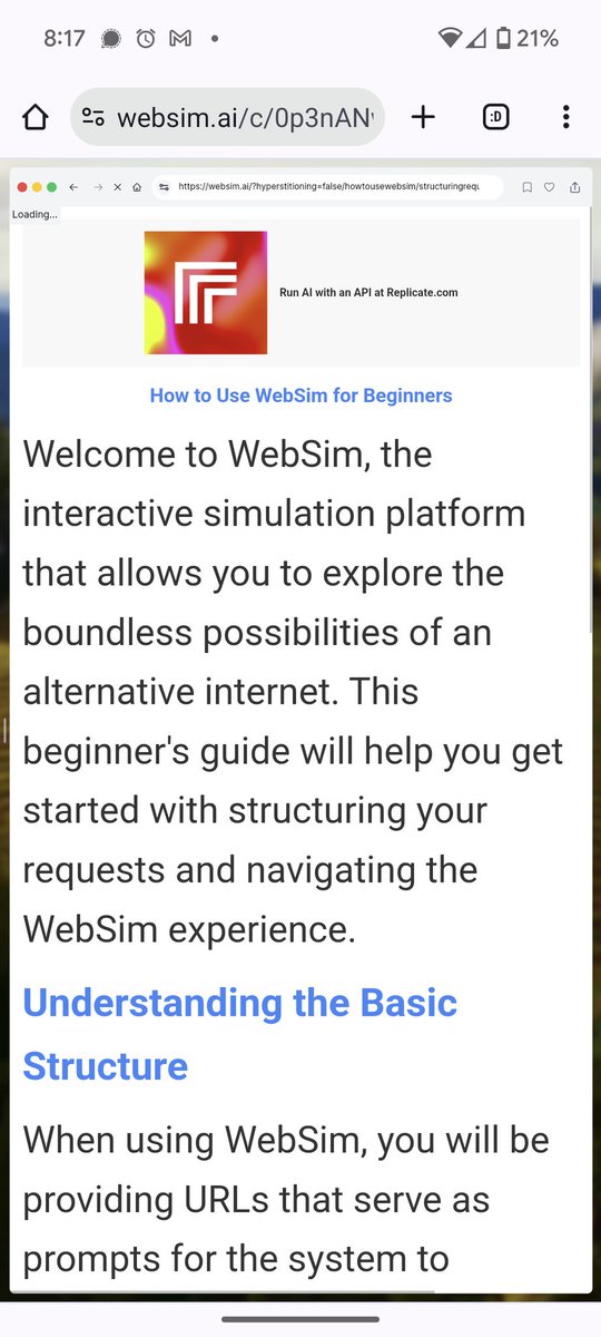 This is a mobile screenshot of a WebSim beginner’s guide webpage, featuring a logo, a welcome message about exploring an alternative internet, and a section titled "Understanding the Basic Structure" that explains providing URLs as prompts for the system.