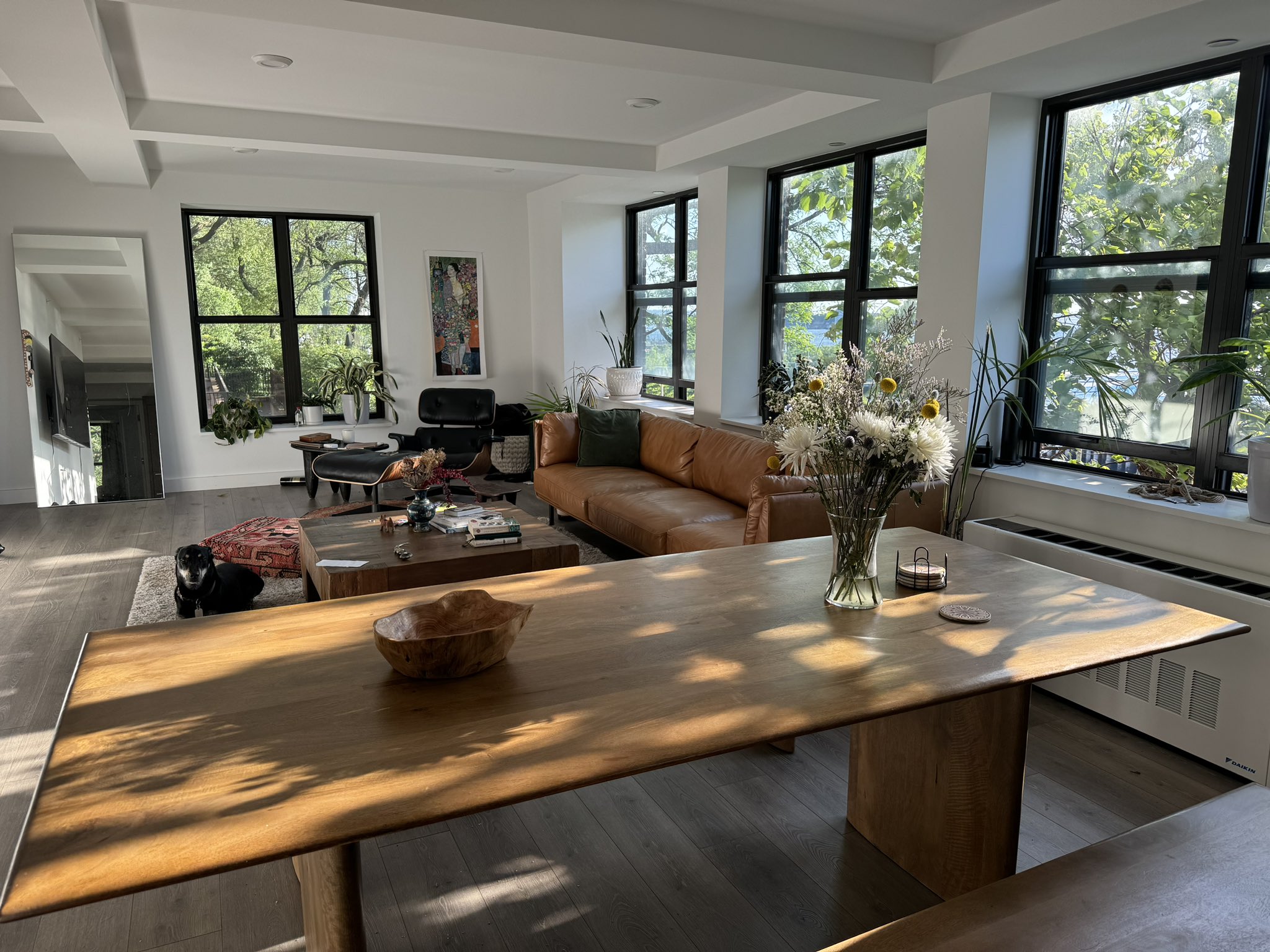 A bright, modern living room with large windows overlooking greenery, featuring a wooden dining table in the foreground, a brown leather sofa, a black lounge chair, and a black dog resting on a rug. Sunlight streams in, illuminating the space.