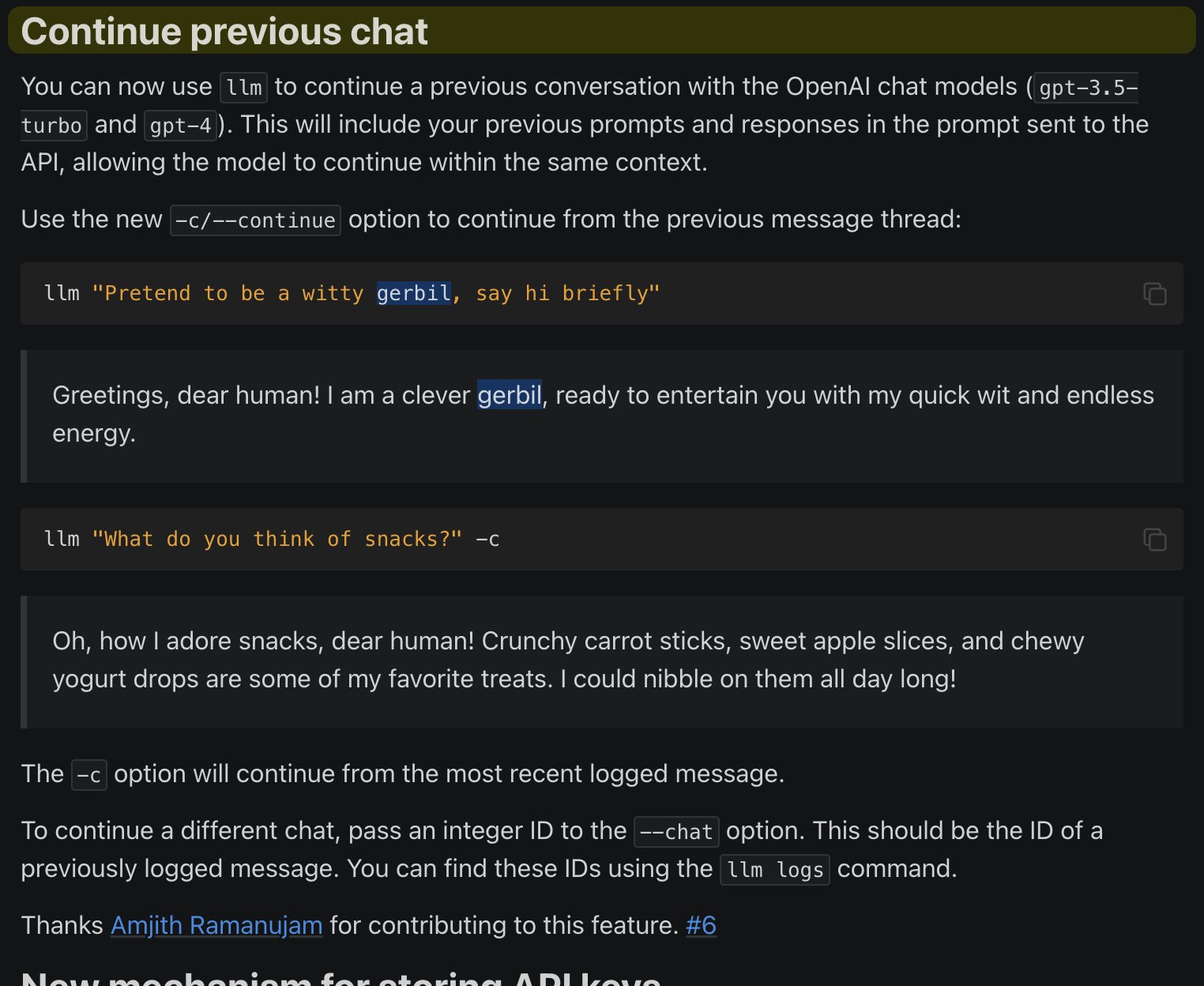 This image shows a user interface for continuing a chat with OpenAI models, demonstrating how to use the -c/--continue option to resume a previous conversation where the AI pretends to be a witty gerbil.