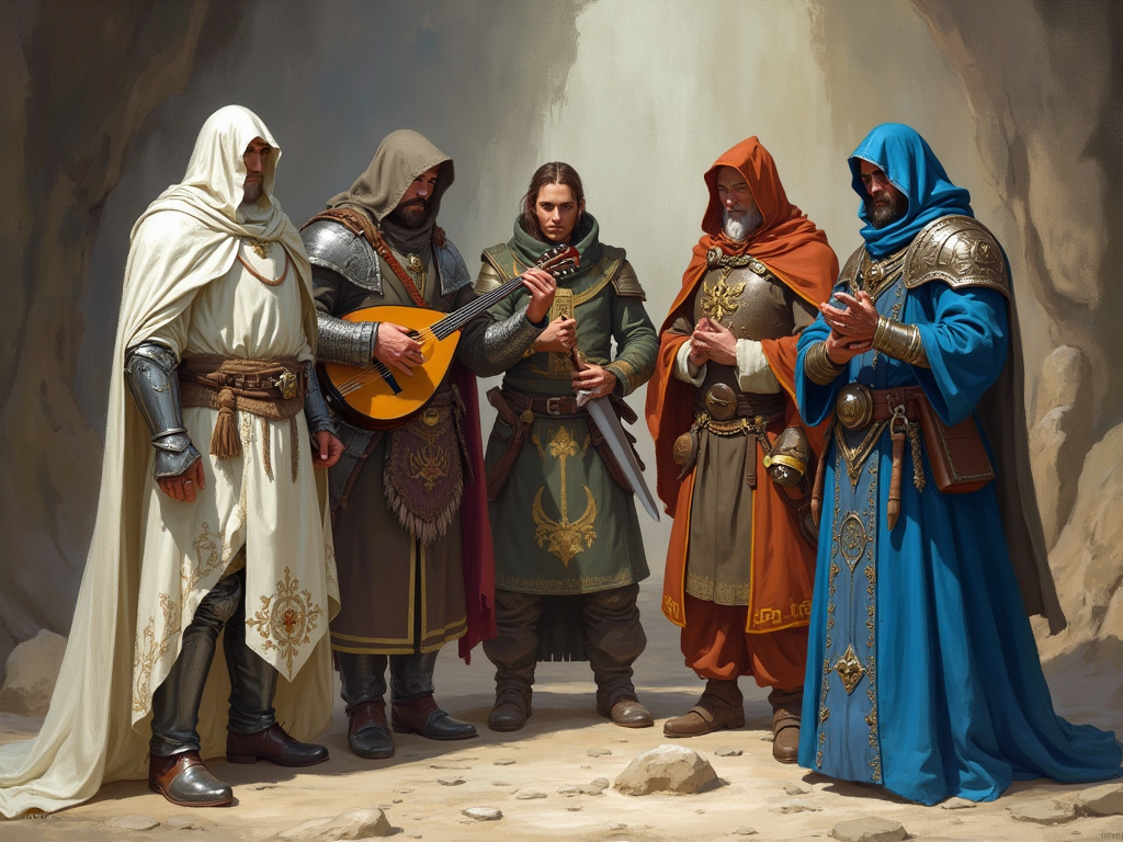Five medieval-style figures in ornate robes and armor stand together in a desert cave, with one playing a lute and another holding a sword, suggesting a band or traveling troupe.