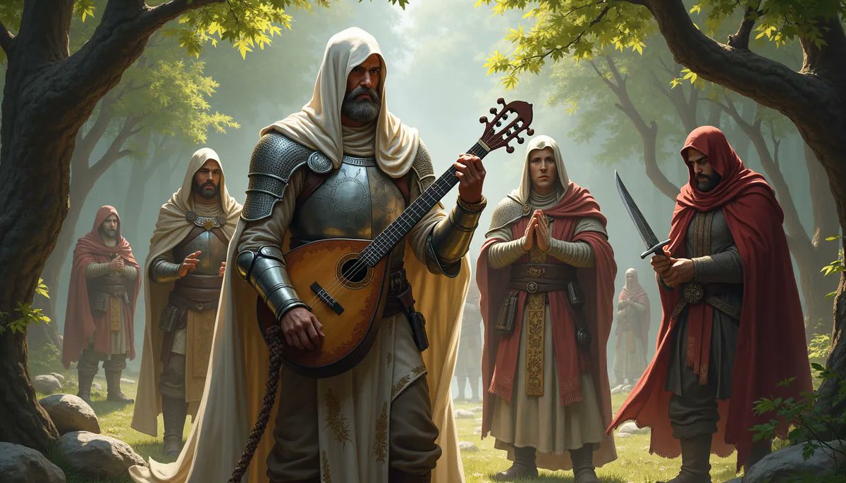 A group of armored knights and warriors in a forest, with one central figure playing a lute while others stand nearby, some holding swords or clasping hands in a moment of stillness.