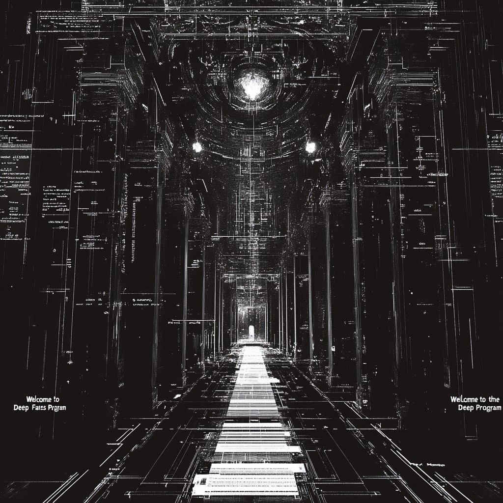 A black-and-white, high-contrast image depicts a long, narrow digital corridor with glowing lines and code-like text, leading toward a bright light at the end. Text on the left and right reads "Welcome to the Deep Fairs Program" and "Welcome to the Deep Program," respectively.