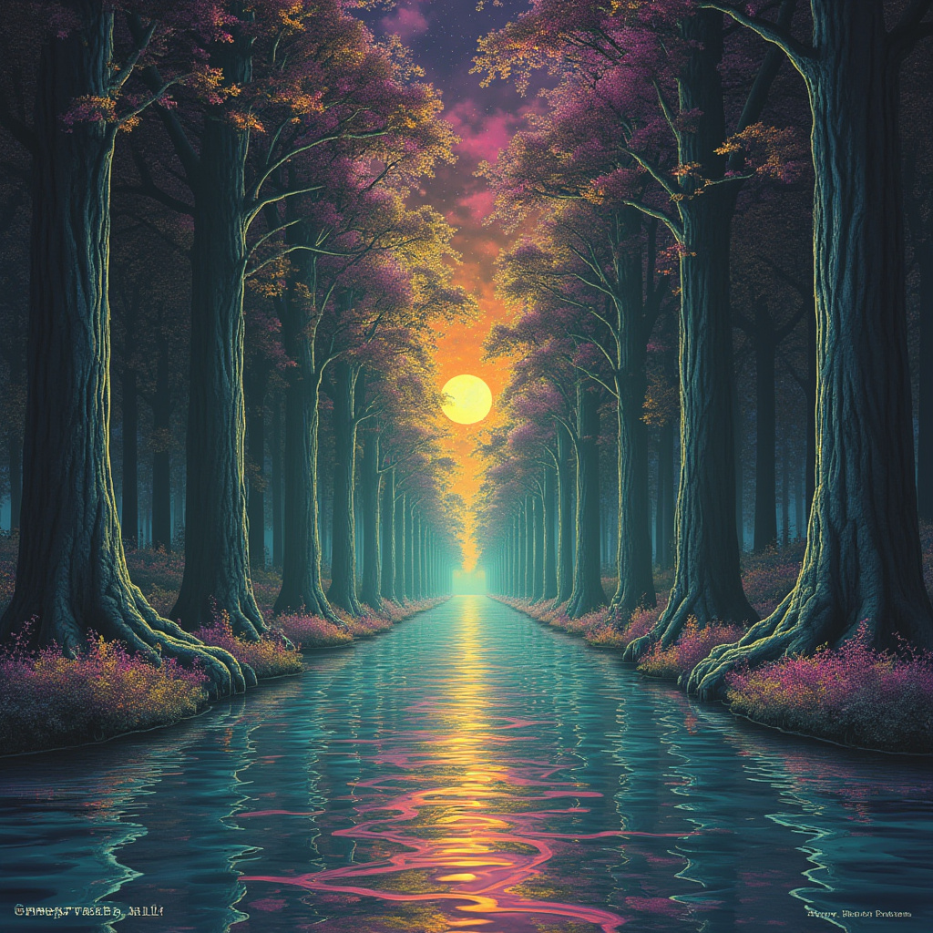 A serene, glowing path of water winds through a forest of tall, dark trees with vibrant pink and yellow foliage, leading toward a radiant orange sun at the horizon, casting a surreal, colorful reflection on the water’s surface.