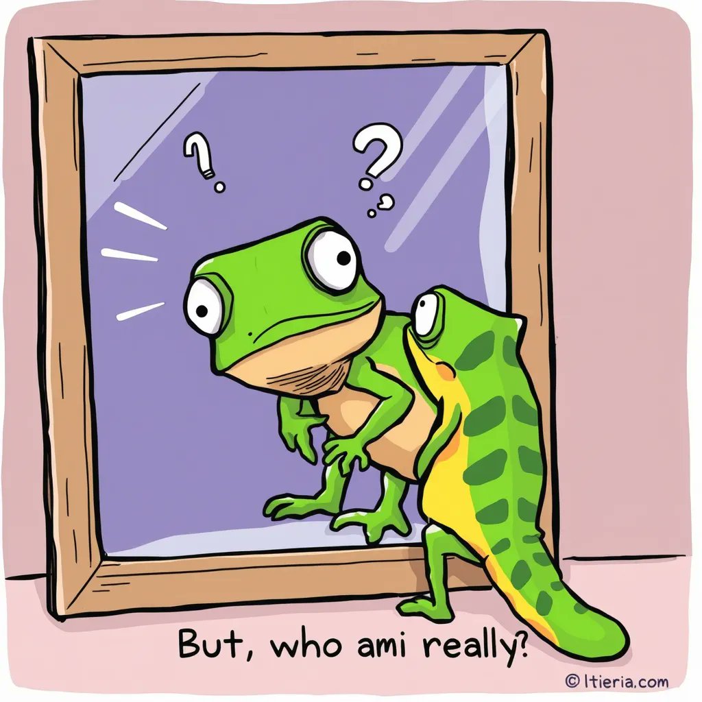A green frog with wide eyes looks at its reflection in a framed mirror, which shows a different, more spotted version of itself, as question marks float above, with the text “But, who am I really?” below.