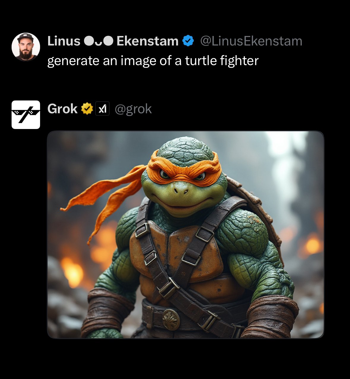 A detailed, muscular turtle fighter with orange eye mask and brown armor stands in a fiery, smoky environment, exuding a battle-ready stance.