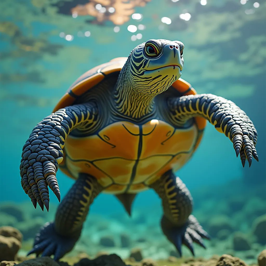 A vibrant, detailed underwater turtle with a yellow and black patterned shell and striking blue and yellow markings on its head and limbs swims toward the viewer, its claws extended, against a turquoise water backdrop with sunlight filtering through the surface.