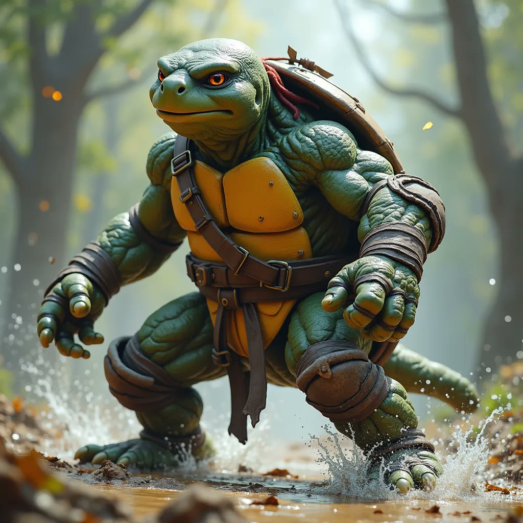 A muscular green turtle with orange eyes and a yellow vest stands in muddy water, splashing around, wearing a brown leather harness and carrying a shell on its back, in a forest setting.