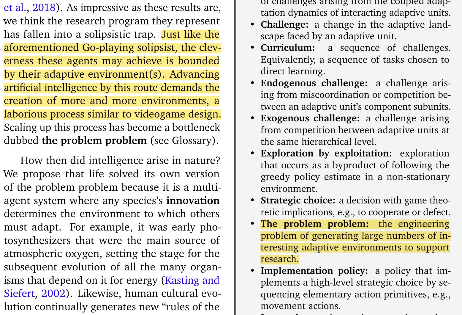 This image displays a page from a document, highlighting key terms in yellow text, including “problem problem,” “Go-playing solipsist,” and phrases like “the engineering problem of generating large numbers of interesting adaptive environments.” The page discusses artificial intelligence research, the “problem problem” bottleneck, and natural intelligence arising from multi-agent systems.