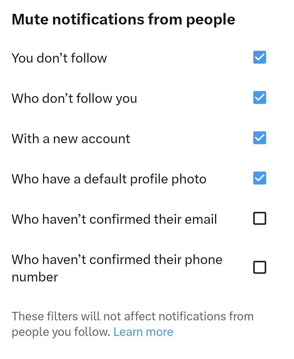 This image displays settings to mute notifications from people, with four options currently selected (You don't follow, Who don't follow you, With a new account, Who have a default profile photo) and two options unchecked (Who haven't confirmed their email, Who haven't confirmed their phone number). The filters do not affect notifications from people you follow.