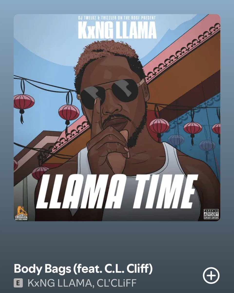 This is an album cover for "Llama Time" by KxNG Llama, featuring C.L. Cliff on the song "Body Bags." The artwork depicts a cartoon-style man with sunglasses and a finger to his lips, set against a backdrop of red lanterns and a building under a blue sky.