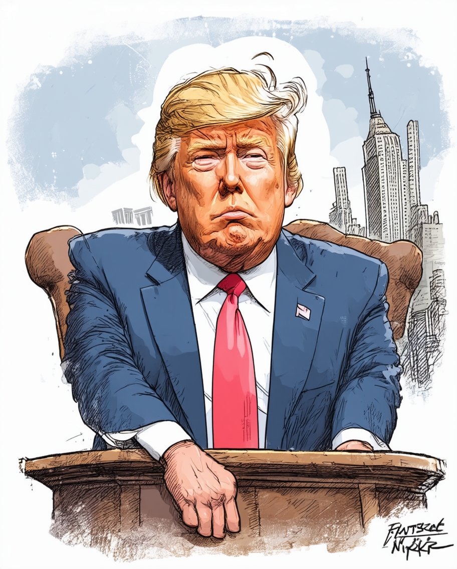 A cartoon-style illustration of Donald Trump sitting at a desk, wearing a blue suit and red tie, with a stern expression, against a backdrop of the New York City skyline featuring the Empire State Building.