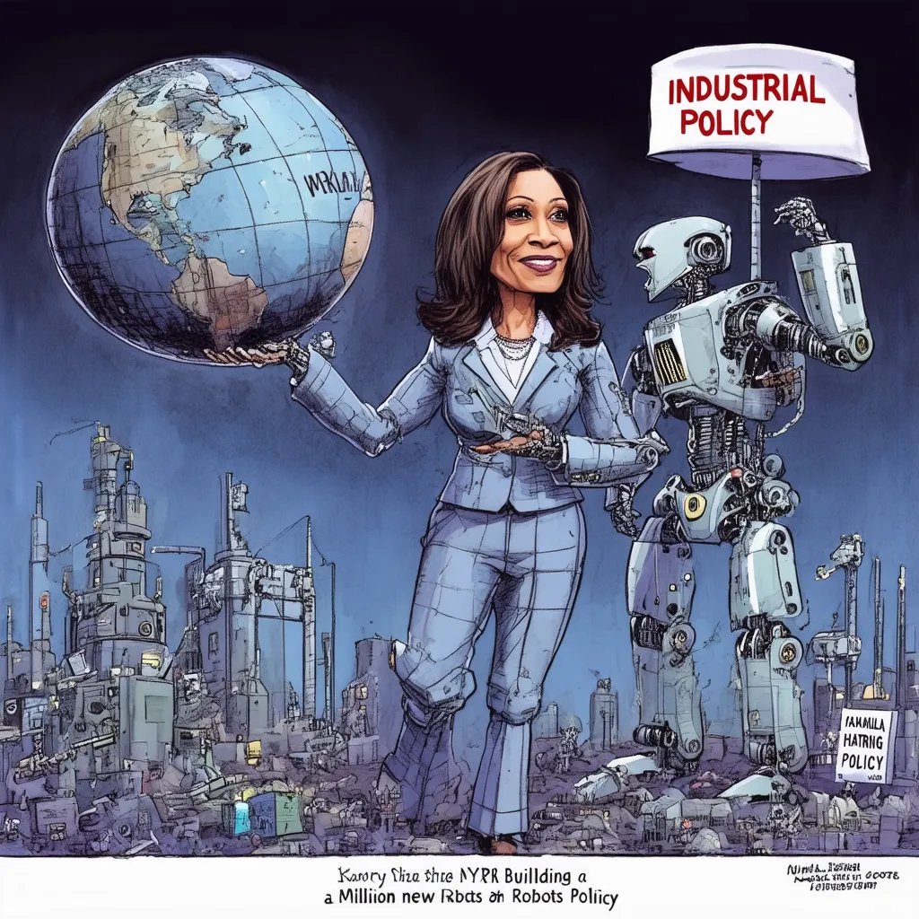 A cartoon depicts Kamala Harris holding a globe in one hand and a robot in the other, standing before a futuristic industrial cityscape. A robot with a sign reading “INDUSTRIAL POLICY” stands beside her, while another sign nearby reads “KAMALA HATING POLICY.” The caption below reads “Kamala Haha the NYRR Building a Million new Robots on Robots Policy.”