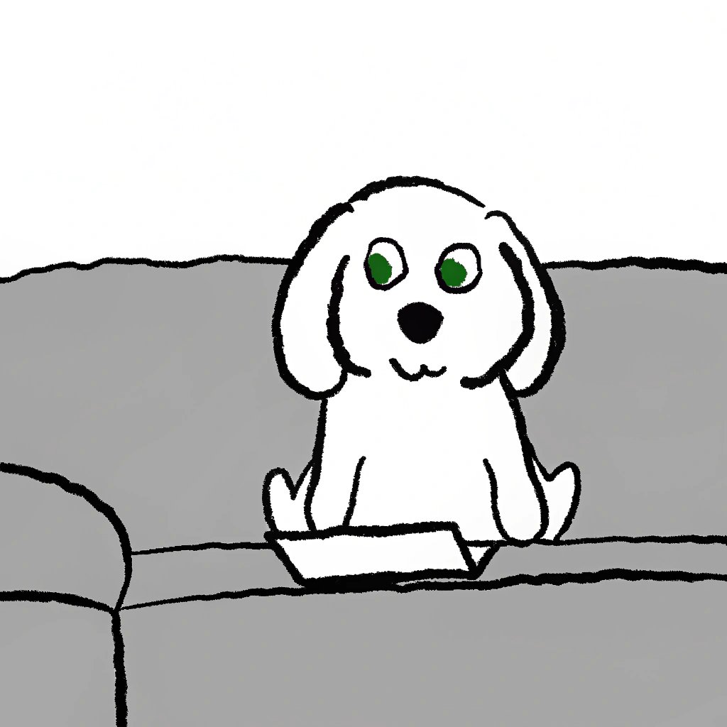 A cartoon-style white puppy with green eyes sits on a gray couch, looking forward with a gentle expression.