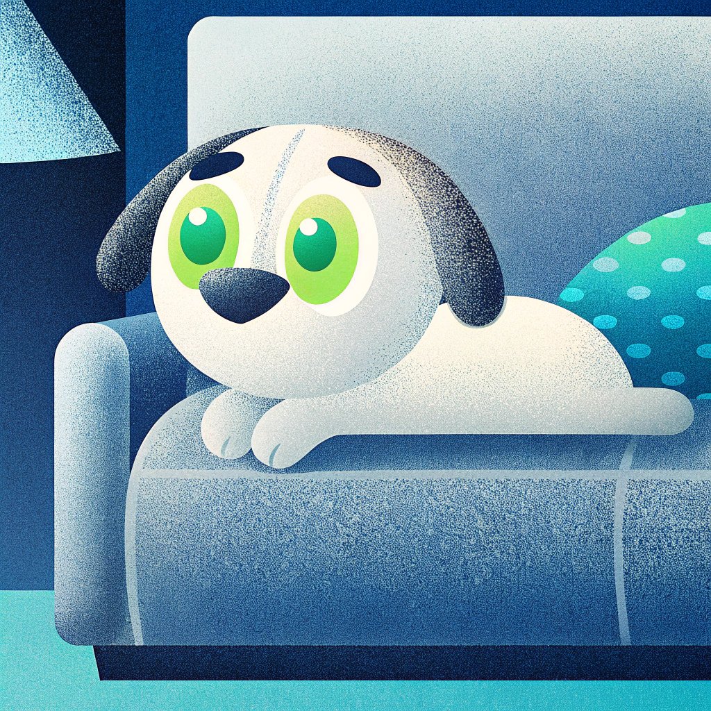 A cartoon puppy with large green eyes and black ears sits on a blue couch, looking up with an innocent expression.