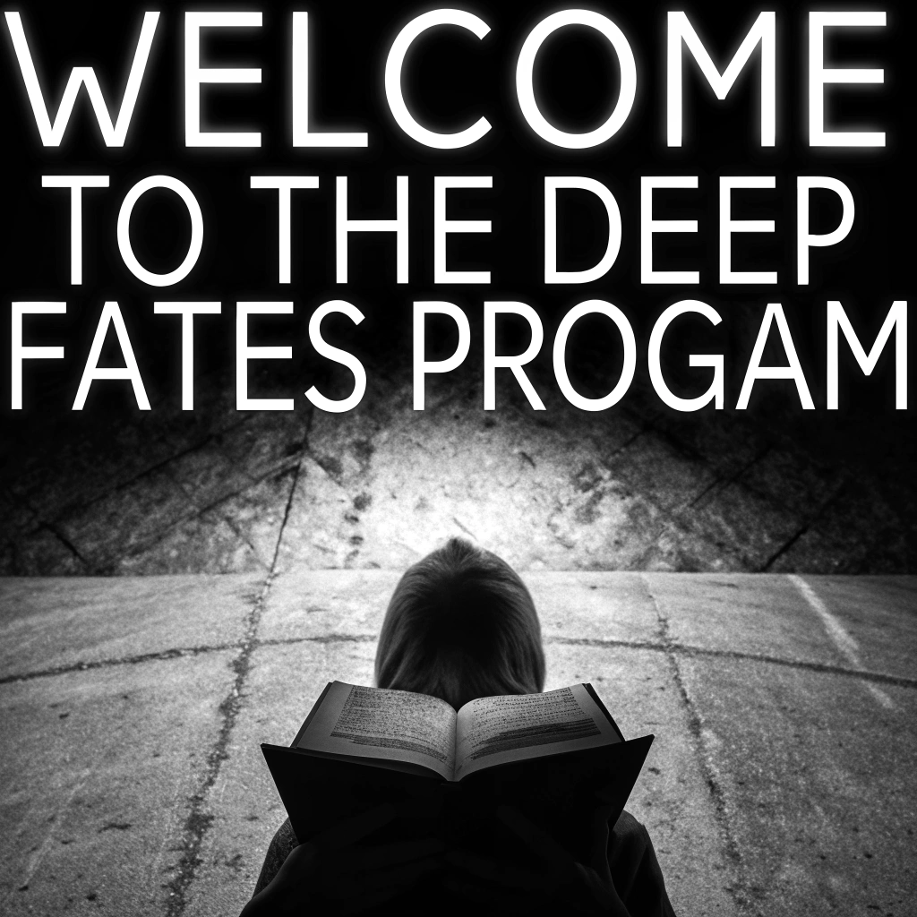 A person sits on stone steps, reading a book, with a bright light shining down from above. Above them, bold white text reads “WELCOME TO THE DEEP FATES PROGAM” against a dark background.