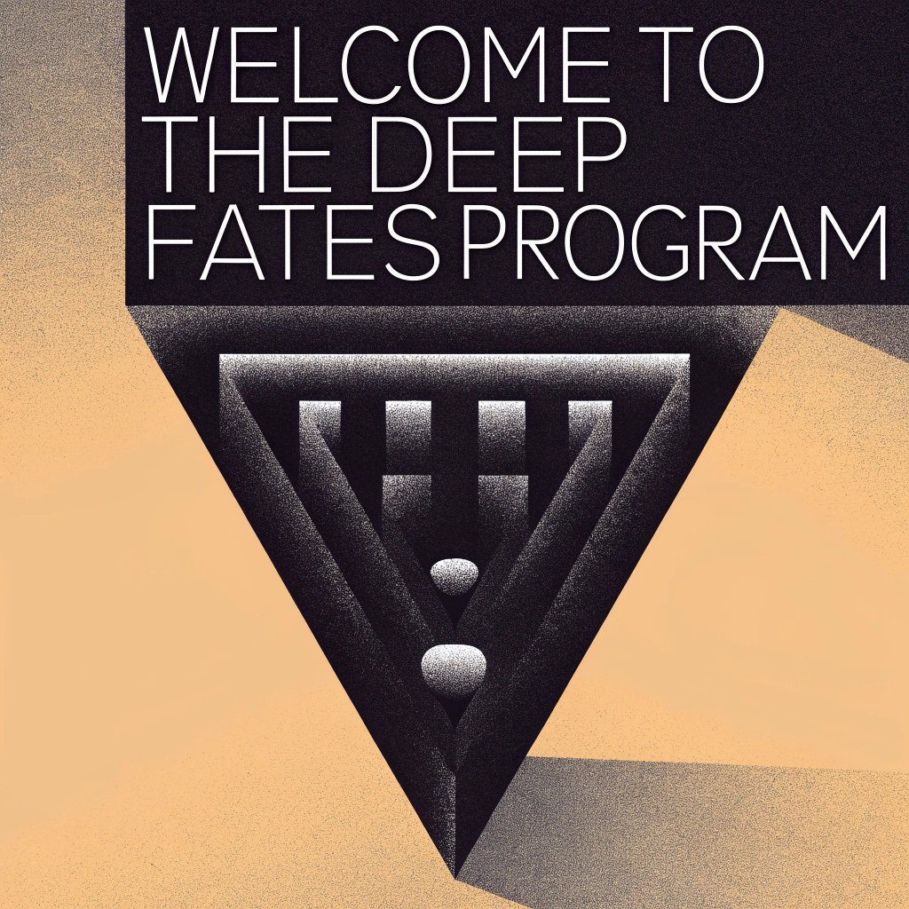 Welcome to the Deep Fates Program — a stylized graphic with bold white text on a black banner above a geometric, triangular emblem featuring abstract, dot-filled patterns and two circular elements, set against a textured peach background.