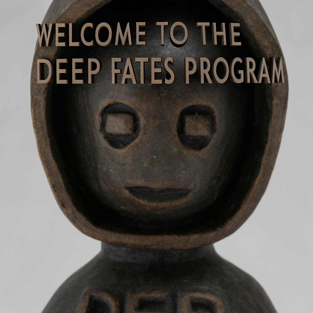 A dark, textured figurine with a simple, hollow face and hood, overlaid with the text "WELCOME TO THE DEEP FATES PROGRAM" in a bold, beige font.