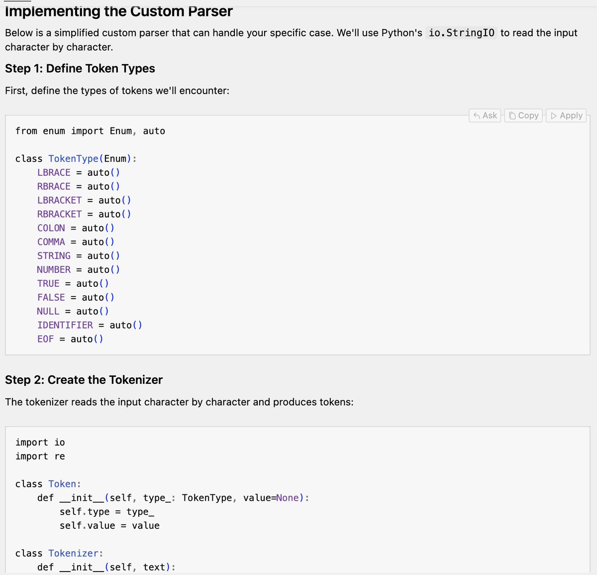 This image displays code for a custom parser in Python, showing the definition of token types using an Enum and the beginning of a tokenizer class that reads input character by character.
