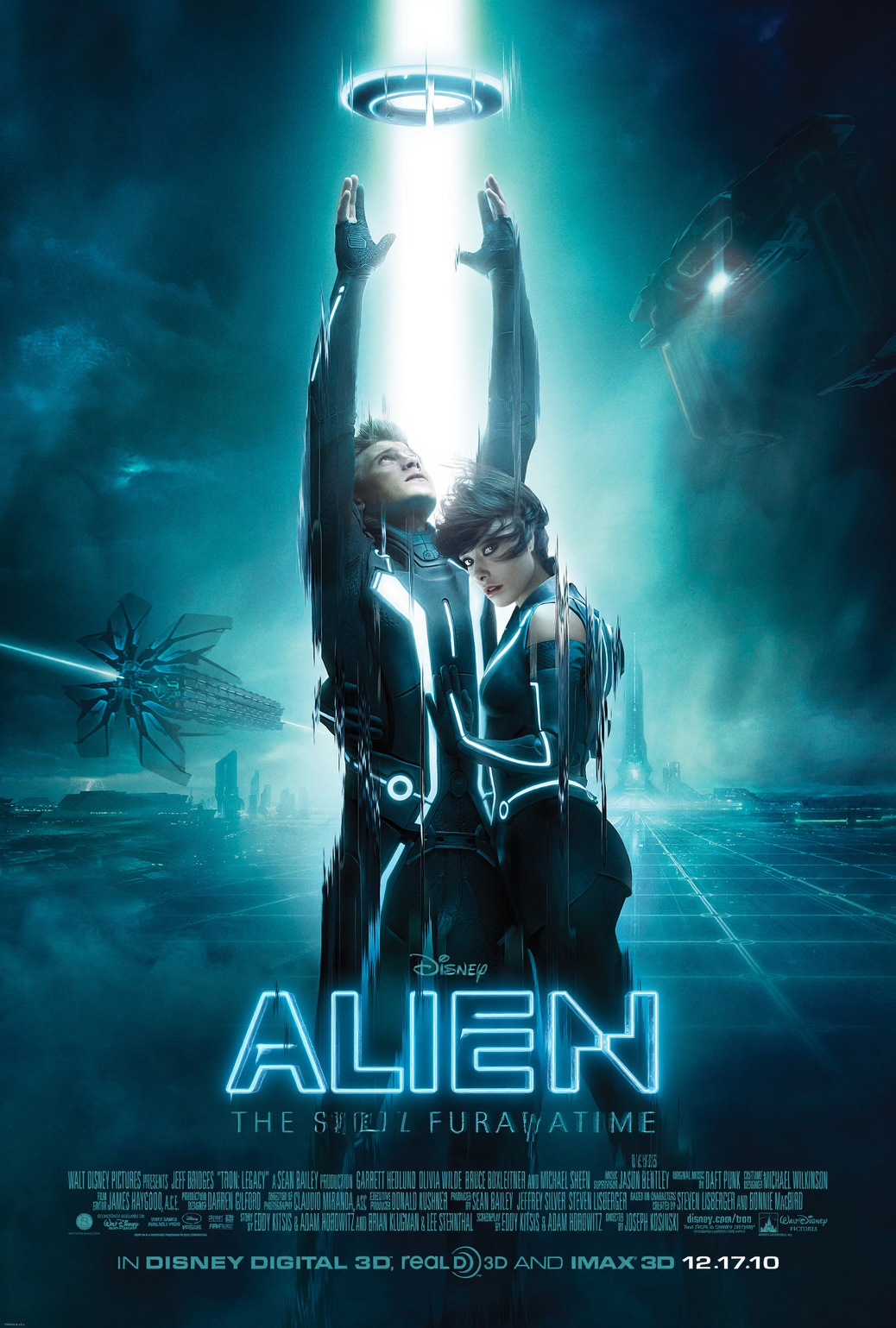 Two characters in glowing, futuristic suits stand together, reaching upward toward a bright, circular light source in a dark, cyberpunk sky. Below them, a cityscape glows with neon lights, and flying vehicles hover in the distance, all under a deep blue, atmospheric sky.